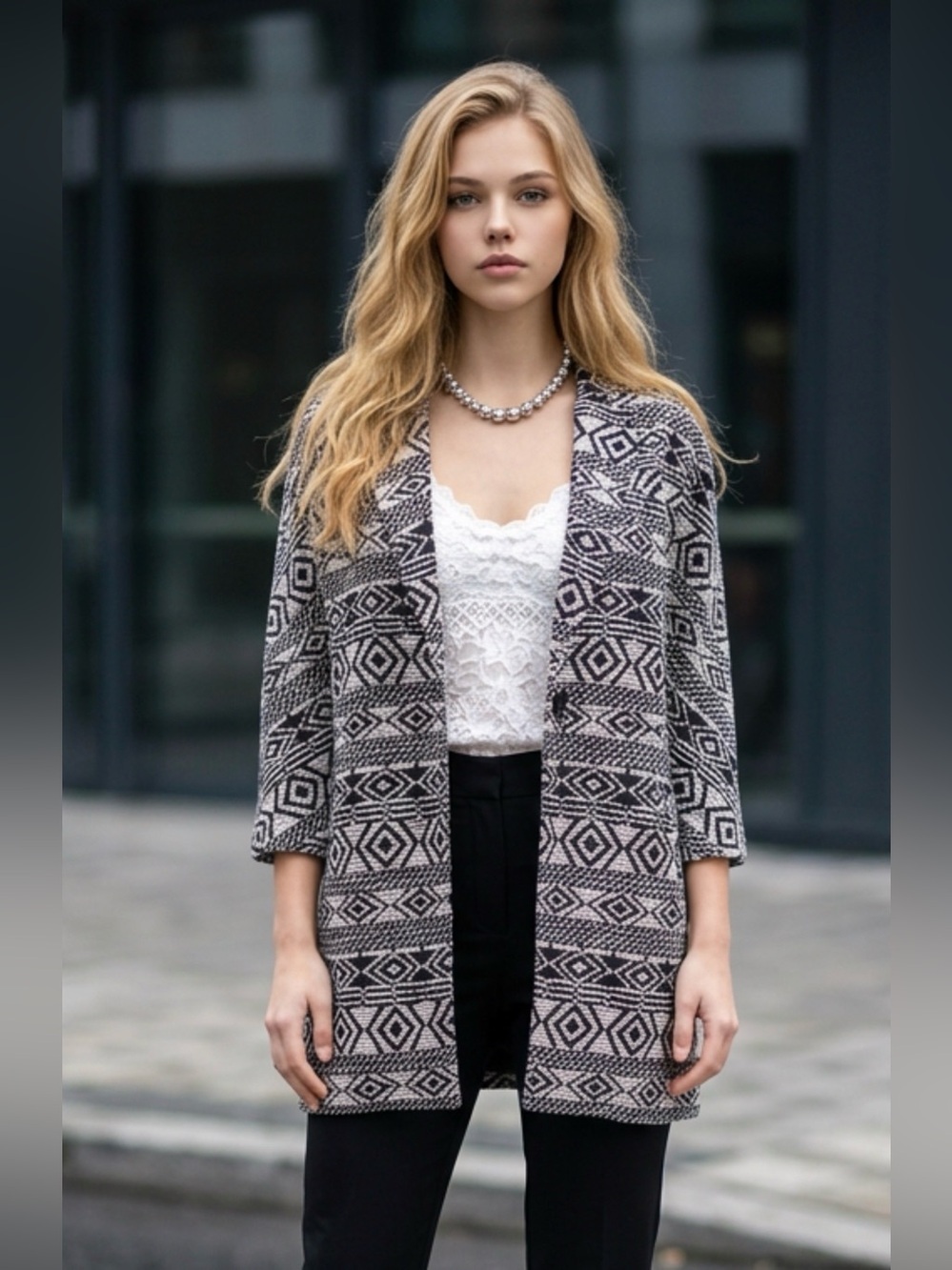 Black & White Geometric Open-Front Knit Cardigan